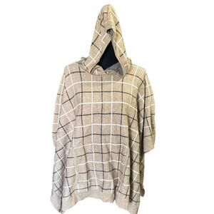 Tahari Tan Hooded Poncho – Black & White Plaid, Front Pockets – One Size